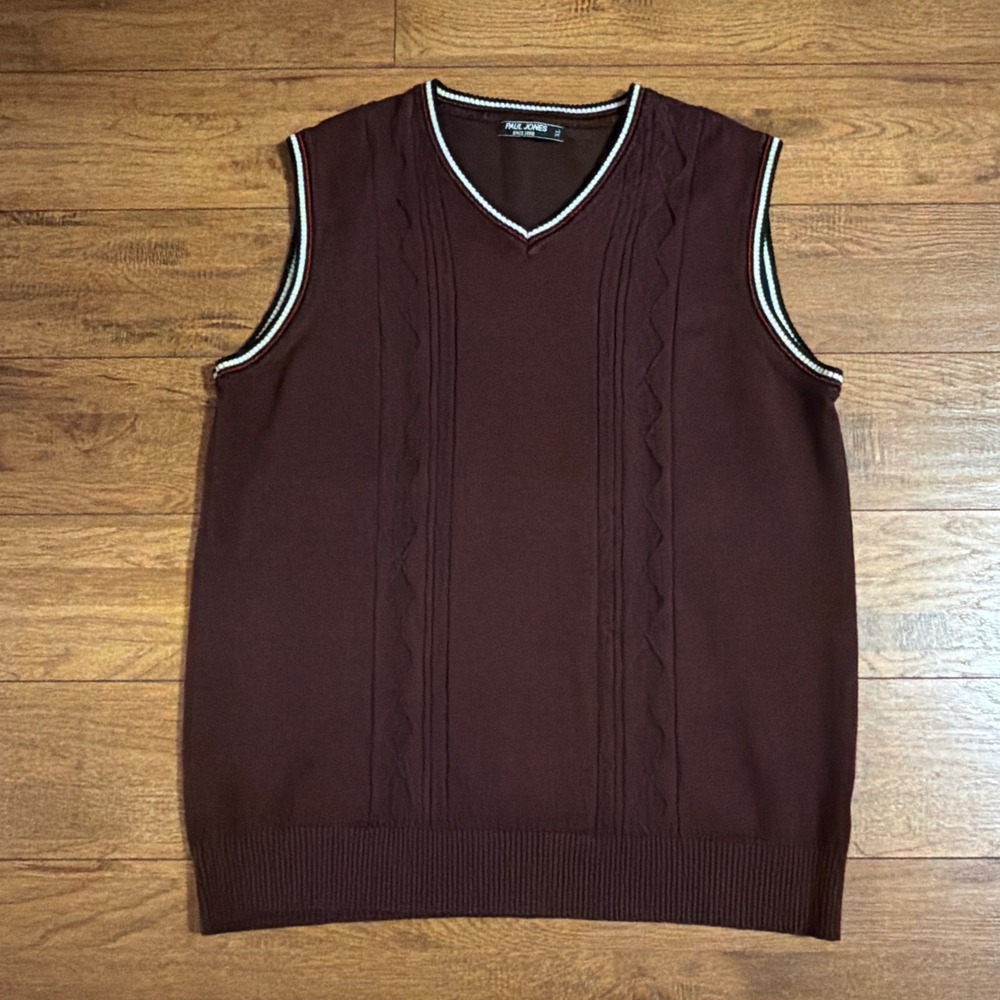 Paul Jones Mens Cable Knit Sweater Vest Burgundy XL V-Neck Striped Trim